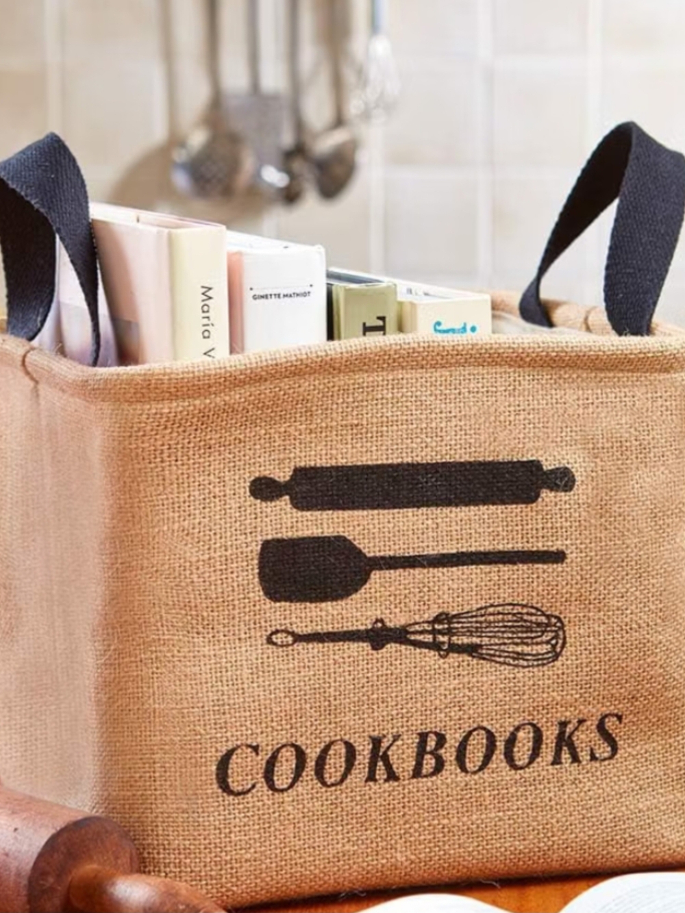 Cookbooks Burlap Storage Bin with Black Handles - Natural
